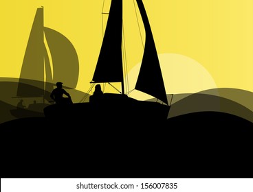 Yacht sports sailing with active men in sea and ocean background illustration vector