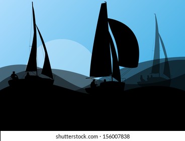 Yacht sports sailing with active men in sea and ocean background illustration vector