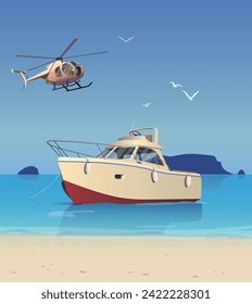 The yacht is standing on the shore and a helicopter with tourists is flying by. Vector.