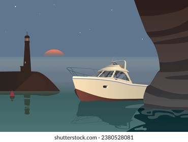 
The yacht stands near the grotto against the backdrop of the lighthouse at sunset. Vector.
