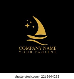 Yacht mit Sternen zum Segeln bei Nacht, Fisherman Sailboat auf dem Ocean Sea Wave Silhouette Logo Design.