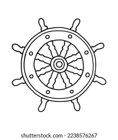 Yacht steerer simple hand drawn outline illustration. Helm course navigator original pen drawing silhouette. Antique ship steer wheel basic equipment made from wood logo. Nautical travel symbol.