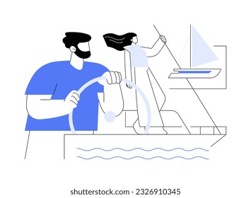 Yacht steering system abstract concept vector illustration. Man turns the wheel of the yacht, hold on to the helm, sailing sport, personal boat, water transport, happy vacation abstract metaphor.