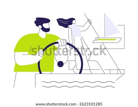 Yacht steering system abstract concept vector illustration. Man turns the wheel of the yacht, hold on to the helm, sailing sport, personal boat, water transport, happy vacation abstract metaphor.