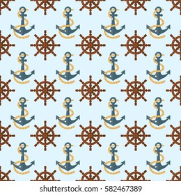 Yacht steering wheel vector seamless pattern.