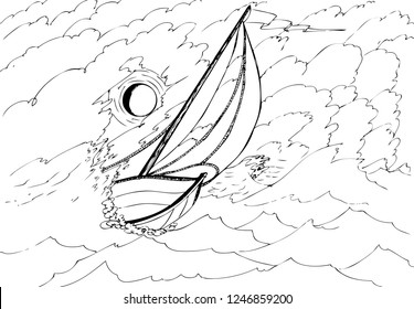 Yacht in the stormy sea illuminated by the moon. Hand drawn illustrations for coloring