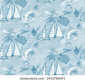 Yacht, suitcase, wave, summer vacation. Seamless pattern. 