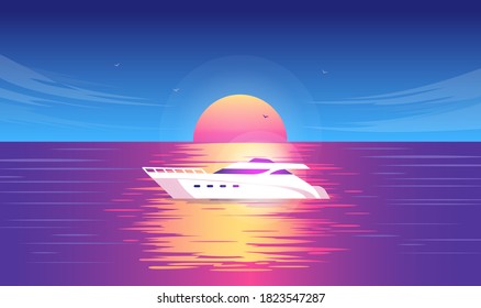 Yacht in sunset - Luxury boat sailing at sea in beautiful sunrise or sunset. Rich vacation, travel and adventure at sea concept. Vector illustration.