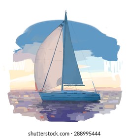 Yacht at sunset vector colorful illustration