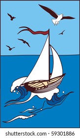 A yacht swims at-sea under open-skies far. Birds in the sky over the sea