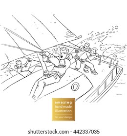 Yacht team participates in races. Hand drawn line art cartoon vector background. Black and white illustration.