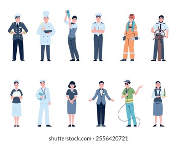 Yacht team. Ship or sail boat crew flat characters. Captain, sailor, waiter, boatswain. Maritime service workers in uniform, recent vector set