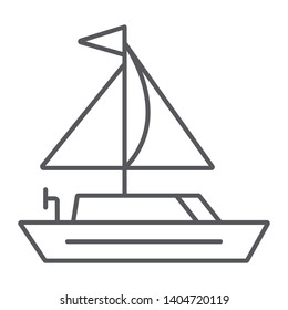 Yacht Thin Line Icon, Transportation And Boat, Sailboat Sign, Vector Graphics, A Linear Pattern On A White Background, Eps 10.