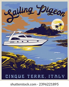 yacht tour italy vector illustration, cinque italy vector art, European summer trip vector art, retro vintage island beach artwork, luxury summer tour, yacht sailing vector, boat trip graphic print 