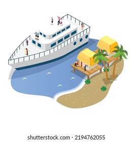 Yacht with tourists near island isometric 3d vector illustration concept for banner, website, illustration, landing page, flyer, etc.