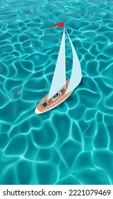 Yacht under sail on the water. Vector illustration of a yacht sailing on a shallow wave of the sea. Sketch for creativity.