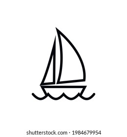 Yacht vector icon. A sailing boat is floating on the waves. The element for the logo. A symbol of travel, recreation at sea, sailing regatta. Black outline isolated on a white background.