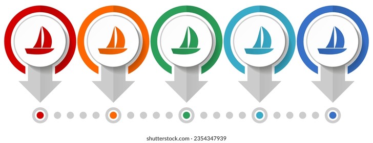 Conjunto de iconos vectoriales de yates, plantilla infográfica de diseño plano, establecer iconos de concepto de puntero en 5 opciones de color para diseño web y aplicaciones móviles