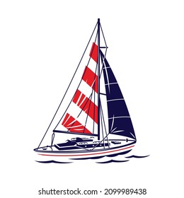 Yacht vector Illustration. Sailboat icon. Sailing club logo symbol. Boat sports water sea ocean transport. Nautical vessel drawing.