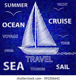 Yacht vector illustration white strokes, lettering on a blue background