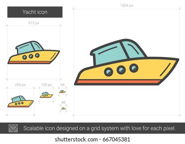 Icono de línea vectorial de yate aislado en fondo blanco. Icono de línea de yate para infografía, sitio web o aplicación. Icono escalable diseñado en un sistema de cuadrícula.