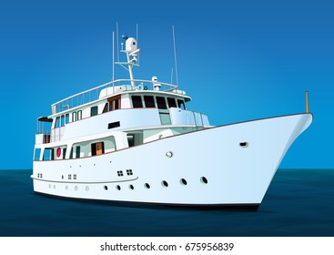 Yacht vector, realistic painted ship with many details against the background of the blue sky and the sea