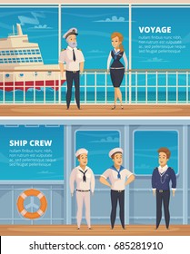 Yacht voyage ship crew members characters 2 horizontal cartoon banners with captain and sailors isolated vector illustration 