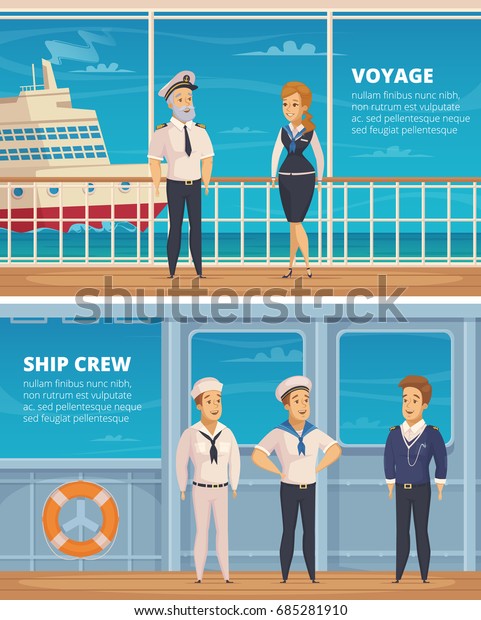 ヨット ボヤジングでは 船長と船乗りの分離型ベクターイラストを持つ2人の水平マンガのバナーを船員に船で船に乗せます のベクター画像素材 ロイヤリティフリー