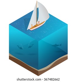 Yacht,  water carriage and maritime transport. Ship, boat, vessel, warship, cargo ship, cruise ship, wherry, hovercraft.  Flat 3d isometric vector illustration for infographic.