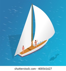 Yacht,  water carriage and maritime transport.  Flat 3d isometric vector illustration for infographic.