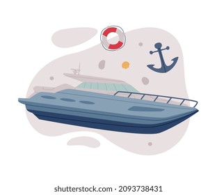 Yacht as Watercraft or Swimming Water Vessel with Anchor and Lifebuoy Vector Composition