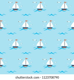 Yacht With Waves Seamless Pattern On Blue Background