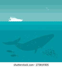 The yacht and the whale. Vector illustration