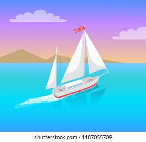Yacht with white canvas sailing in deep blue waters and leave trace vector on backdrop of mountains. Modern sail boat marine nautical personal boat icon