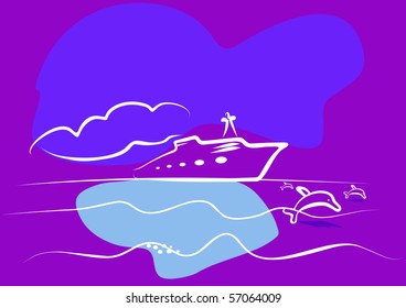 Yacht white stroking  in ocean. Vector illustration.