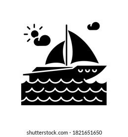 Yachting black glyph icon. Luxurious recreation, nautical tourism, sailing sport silhouette symbol on white space. Sea journey, romantic trip on pleasure boat. Sailboat vector isolated illustration
