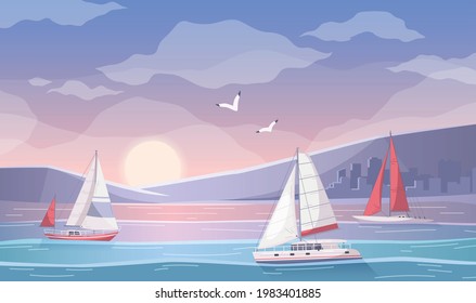 Yachting cartoon composition with outdoor sunset landscape and view of bay with group of sail yachts vector illustration