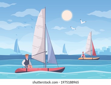 Yachting cartoon composition with summer sea scenery and human characters of sailors riding small sail boats vector illustration