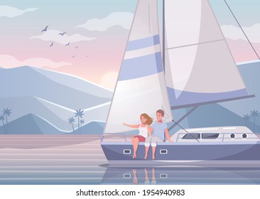 Yachting cartoon set with beautiful scenery of exotic bay with couple of lovers sitting on yacht vector illustration