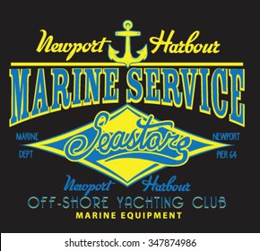 Yachting club , Grunge marine vector artwork for sportswear in custom colors