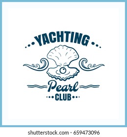 Yachting club Pearl. Blue badge on white background. Can be used for labels or banners or posters or prints for t shirts for yachting club. Vector illustration.