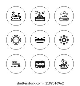 Yachting icon set. collection of 9 outline yachting icons with boat, rudder, porthole icons. editable icons.