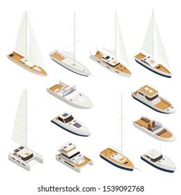 Yachting isometric and colored icon set with different types and sizes of boats vector illustration