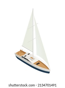 Yachting isometric composition with isolated image of yacht boat with sail on blank background vector illustration