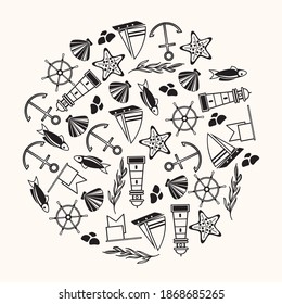 yachting object poster circle with many maritime elements such as coquille seaweed stones white