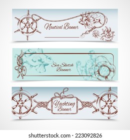 Yachting ocean nautical sketch horizontal banner set with steering wheel fish horse isolated vector illustration