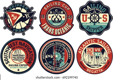 Yachting sailing vector badges collection, artwork for textile prints or embroideries
