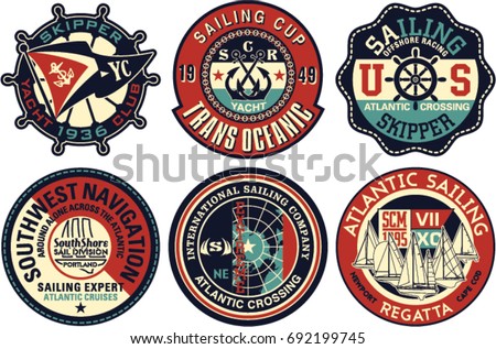 Yachting sailing vector badges collection, artwork for textile prints or embroideries
