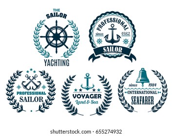 Yachting and sailor or marine voyager club heraldic nautical icons. Vector badges set of ship bell, helm and anchor, laurel wreath on stars and navy captain compass or wind rose