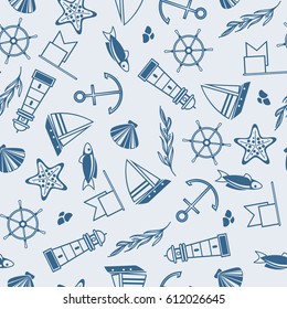 Yachting  seamless pattern with many maritime elements such as coquille, seaweed, stones on the blue background vector illustration